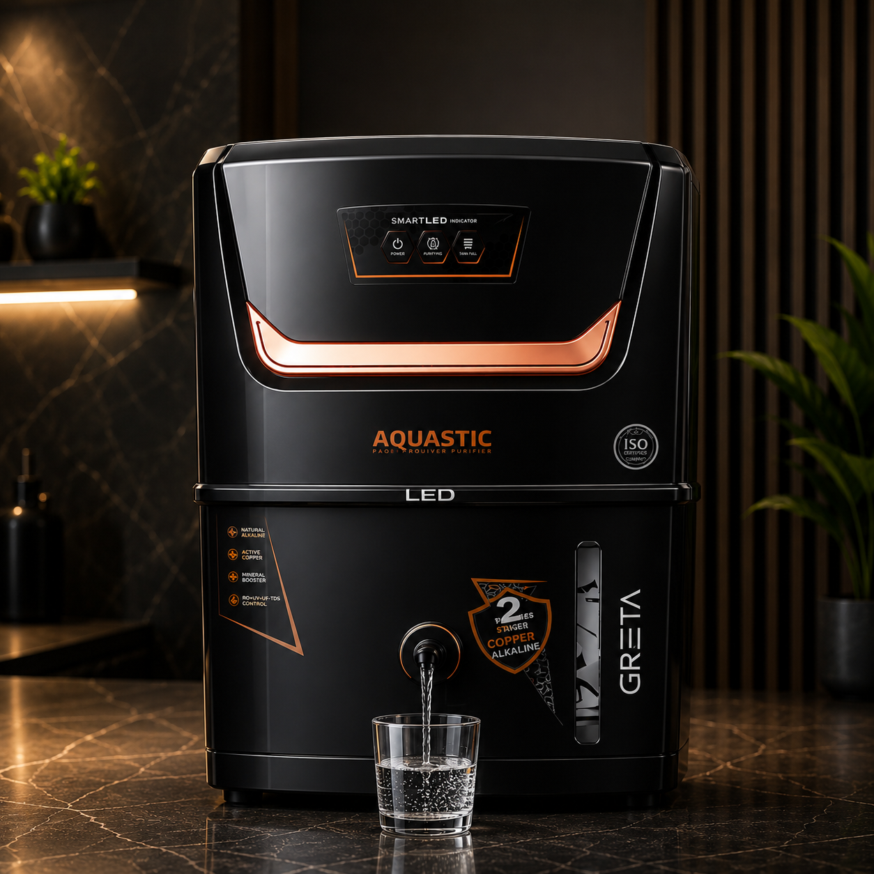 AQUASTIC® Greta LED Copper Alkaline RO Water Purifier (black)