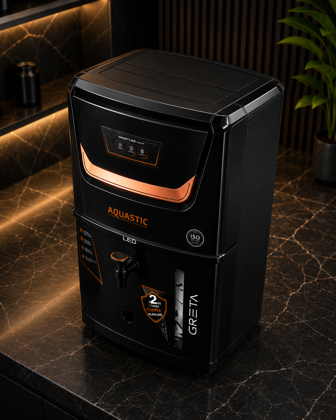 AQUASTIC® Greta LED Copper Alkaline RO Water Purifier (black)