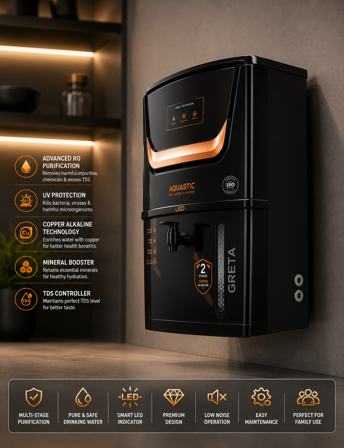 AQUASTIC® Greta LED Copper Alkaline RO Water Purifier (black)
